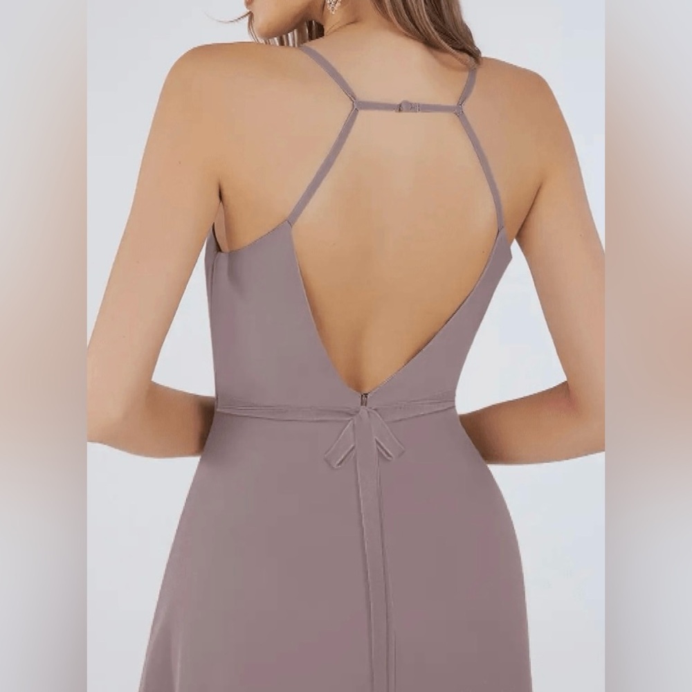 Azazie Mandy Maxi Dress in Taupe V Neck Formal Bridesmaid Size A2 - Picture 4 of 15